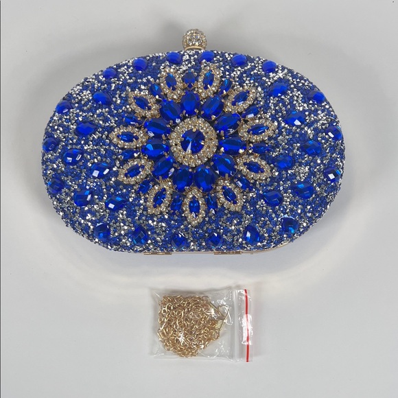 Verano Hill Dazzling Blue and Silver Crystal Evening Clutch With Gold Trim - Picture 6 of 6